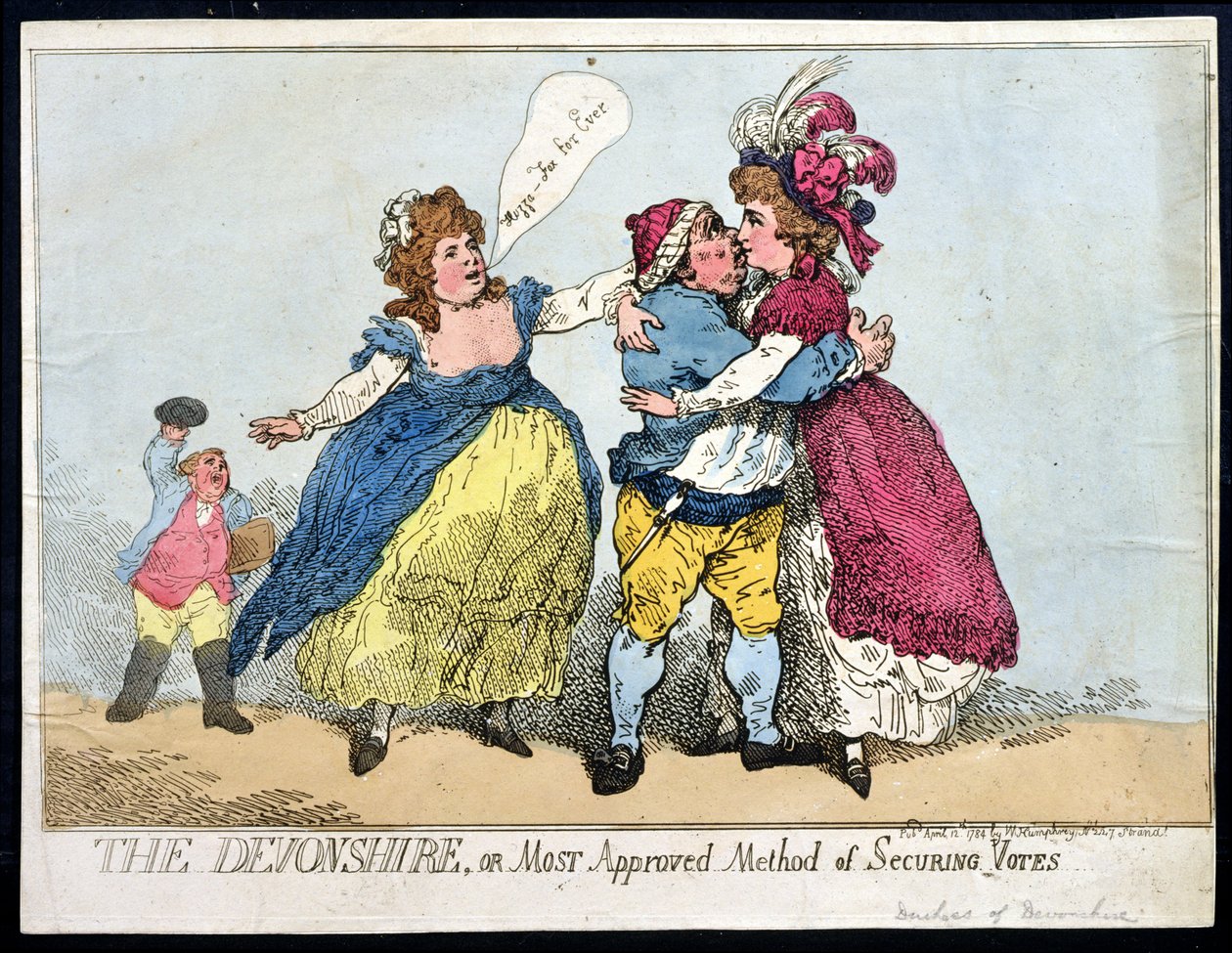 Devonshire, eller mest godkjente metode for å sikre stemmer, utgitt av William Humphrey i 1784 (håndfarget etsning) av Thomas Rowlandson