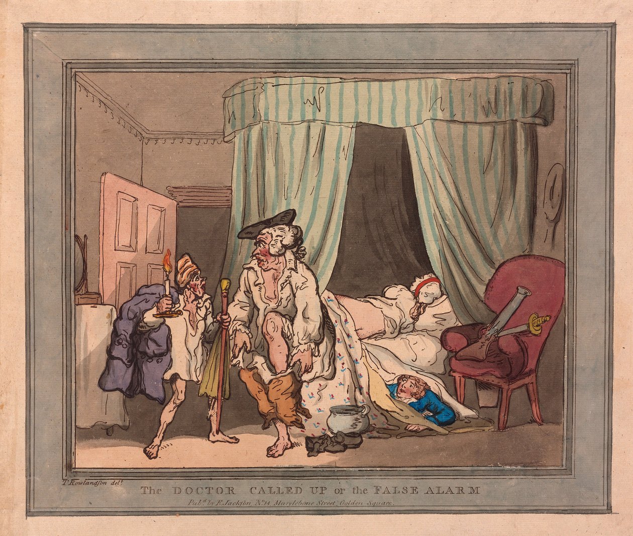 The Doctor Called Up eller den falske alarmen, pub. 1786 (håndfarget gravering) av Thomas Rowlandson