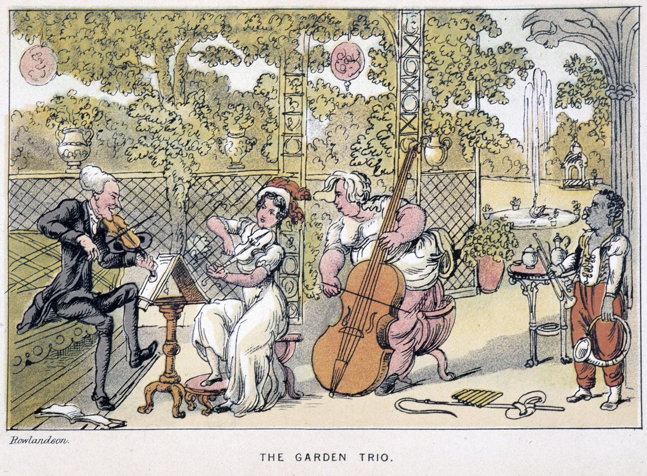 The Doctor Playing the Fiolin: “” The Garden Trio””” - i “” Doctor Syntax sine tre turneer: på jakt etter den pittoreske trøsten og en kone”” av William Combe, ill. Rowlandson av Thomas Rowlandson