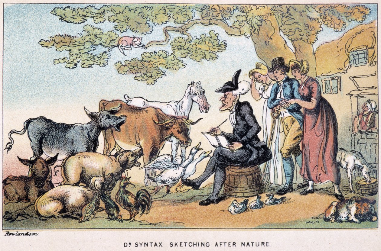 The Doctor henter gårdsdyr fra naturen - i "" Doctor Syntax sine tre turer: på jakt etter den pittoreske trøsten og en kone"" av William Combe, ill. Rowlandson av Thomas Rowlandson