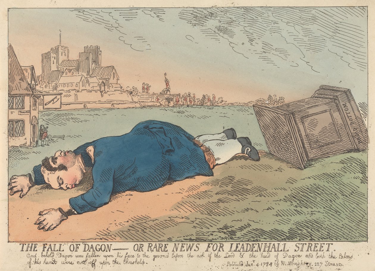 «The Fall of Dagon» – eller sjeldne nyheter fra Leadenhall Street av Thomas Rowlandson