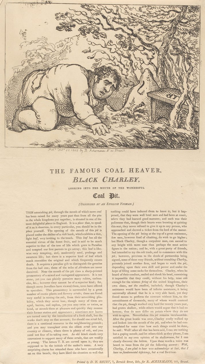 Den berømte kullbæreren «Black Charley» ser ned i munningen av den fantastiske kullgruven av Thomas Rowlandson