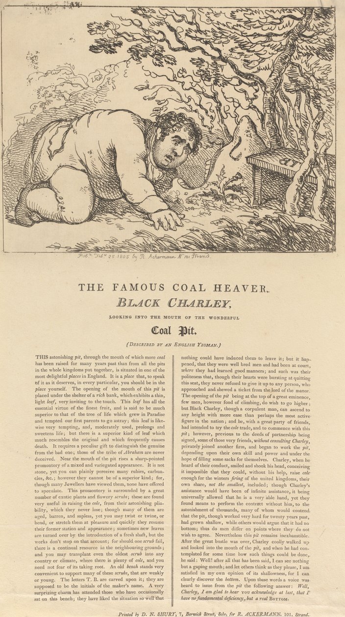 Den berømte svarte kullbæreren, Black Charley, som ser inn i munningen på den vidunderlige kullgruven av Thomas Rowlandson