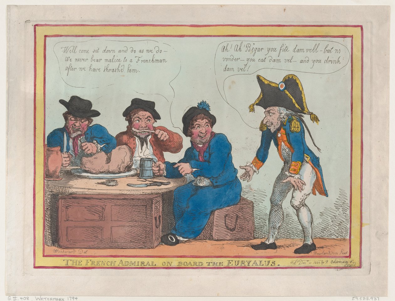 Den franske admiralen om bord på Euryalus, 11. desember 1803., 11. desember 1803. av Thomas Rowlandson