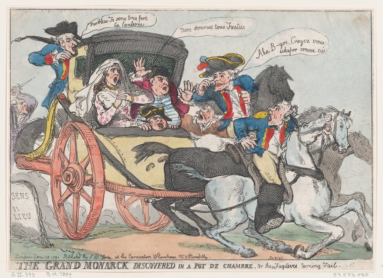 The Grand Monarck Discovered in a Pot de Chambre, eller The Fugitives Turning Tail, ..., 28. juni 1791. av Thomas Rowlandson