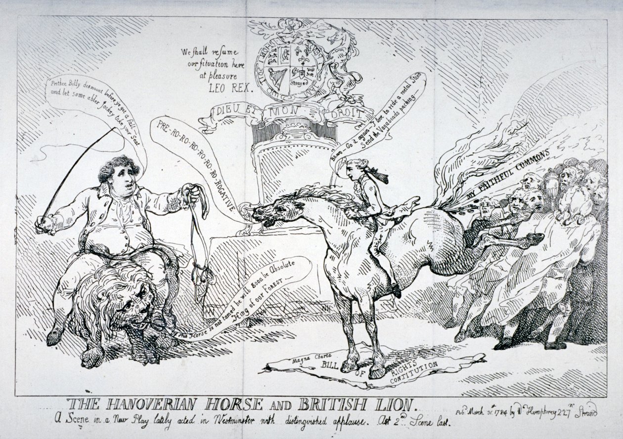 'Hanoverianerhesten og den britiske løven', 1784 av Thomas Rowlandson