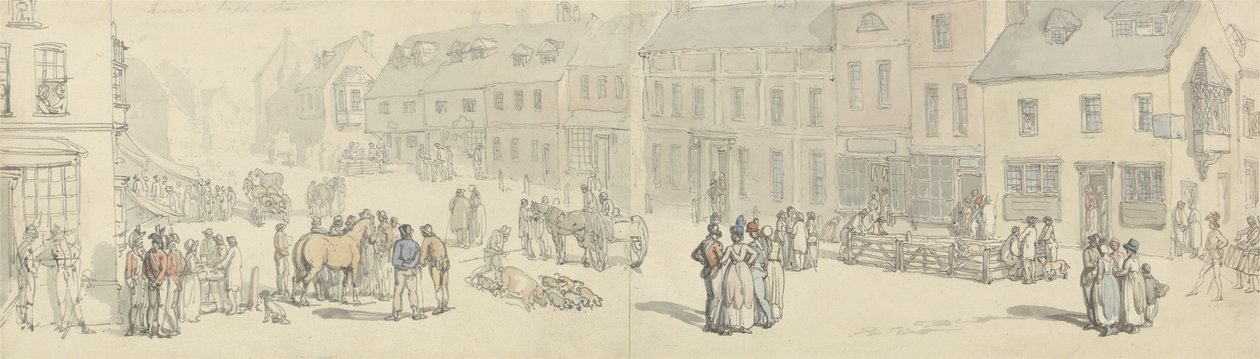 The High Street på markedsdagen, Newport, Isle of Wight, ca. 1797-1800 (penn & blekk & wc på papir) av Thomas Rowlandson
