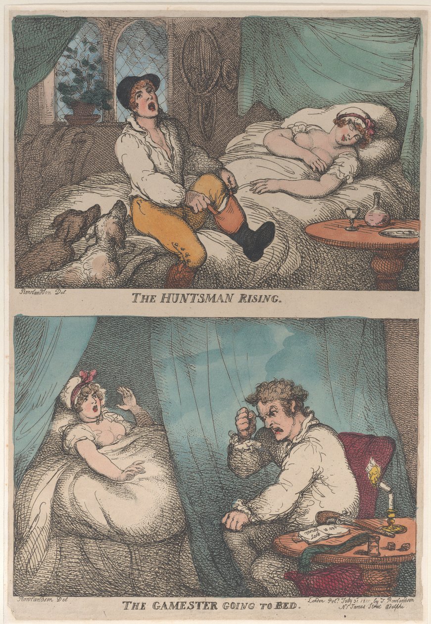 The Huntsman Rising, The Gamester Going to Bed, [31. juli 1809],..., [31. juli 1809], gjenutgitt 1811. av Thomas Rowlandson