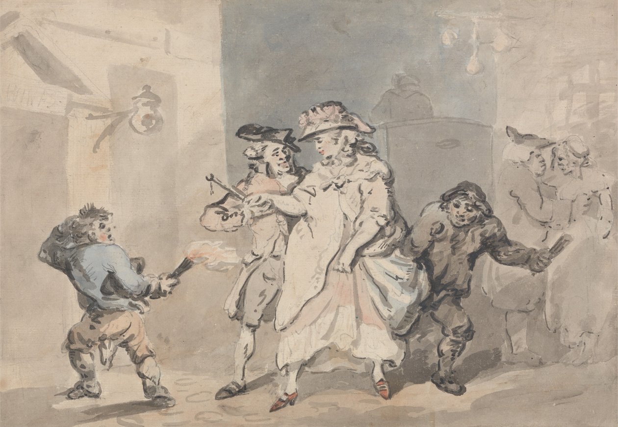 Kroens dør (En mann blir fulgt av to dørvakter til en dør til venstre) av Thomas Rowlandson