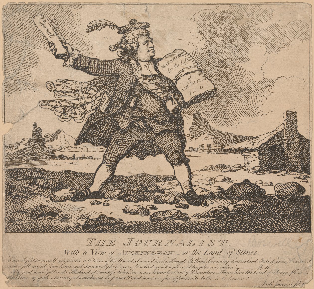 Journalisten, med utsikt over Auchinleck eller Land of Stones av Thomas Rowlandson