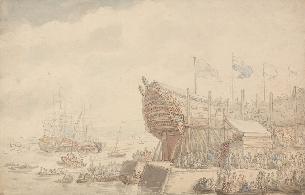 Sjøsettingen av H.M.S. «Hibernia» i 1804 av Thomas Rowlandson