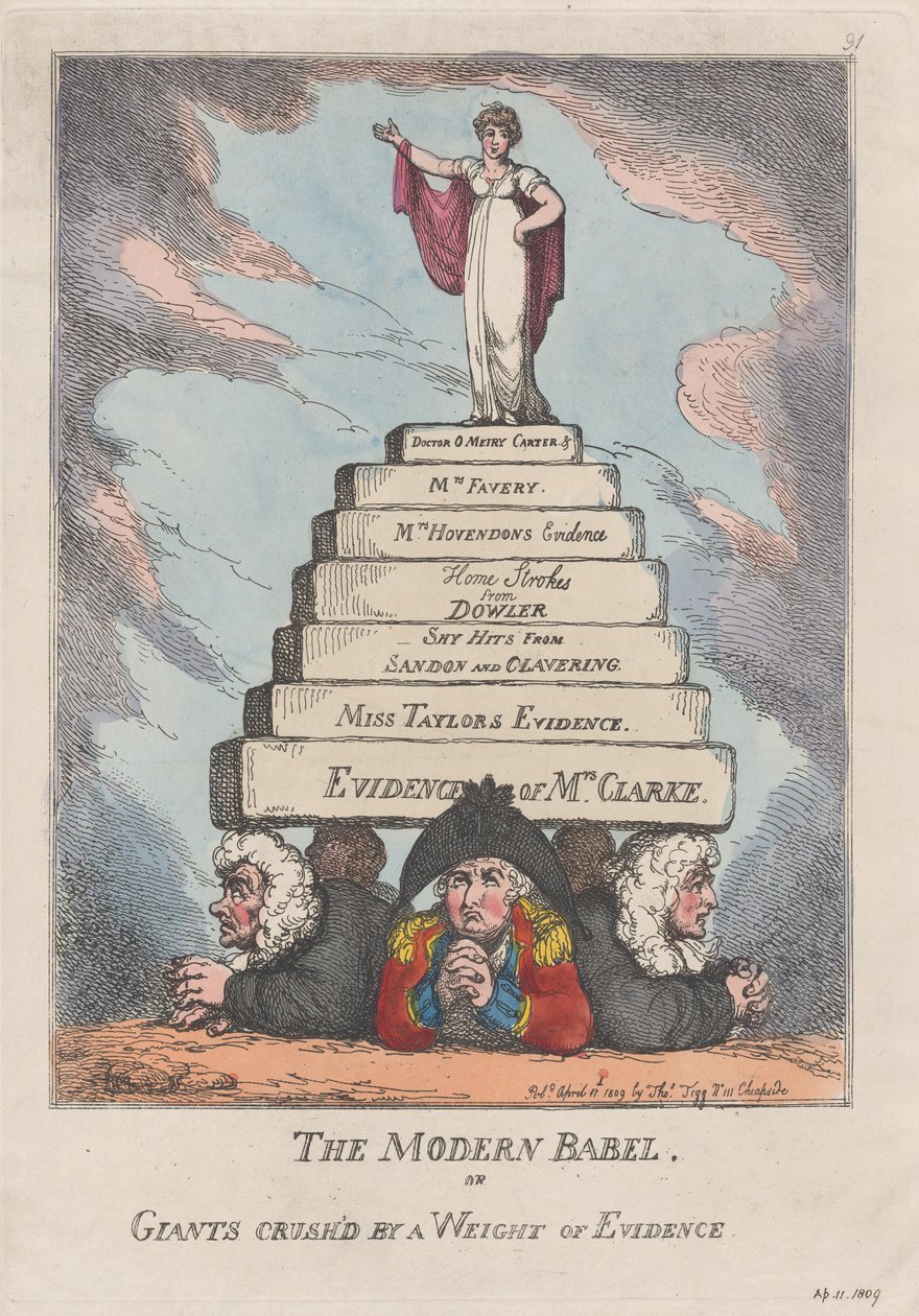 Det moderne Babel, eller kjemper knust av en vekt av bevis, 11. april 1809., 11. april 1809. av Thomas Rowlandson