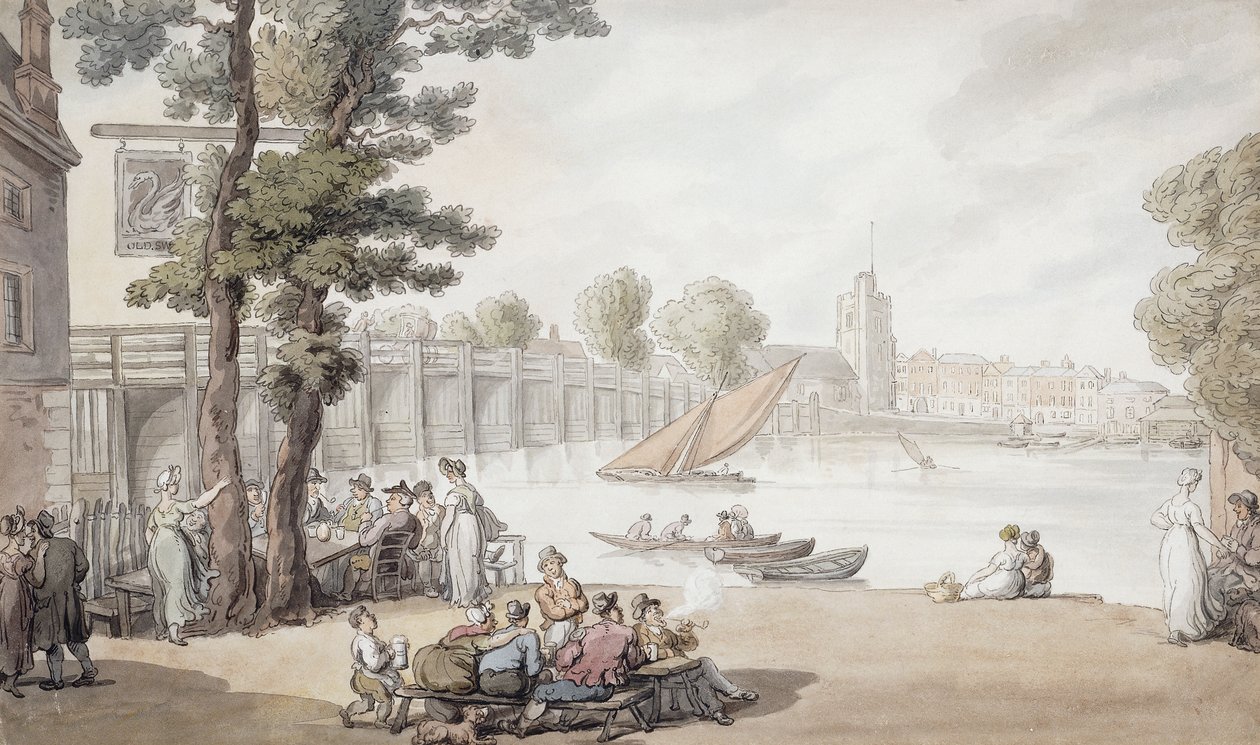 The Old Swan Inn, med utsikt over Putney-broen bortenfor, av Thomas Rowlandson