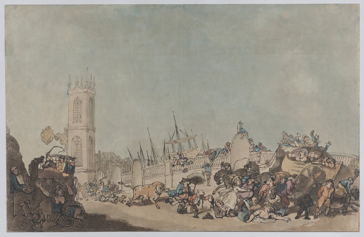 «The Overdrove Ox» (Den gale oksen på Westminster Bridge) av Thomas Rowlandson