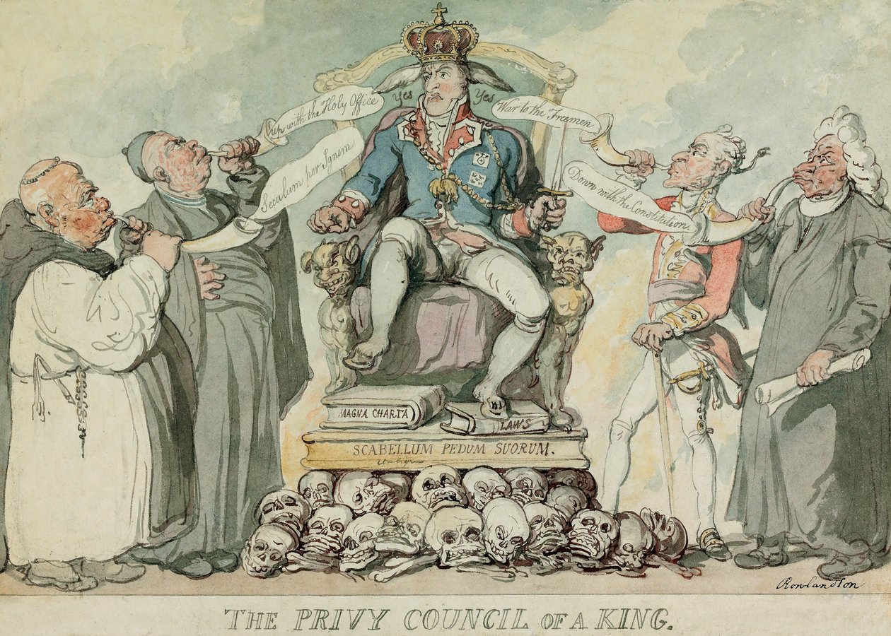 The Privy Council of a King, pub. 1815 (håndfarget gravering) av Thomas Rowlandson