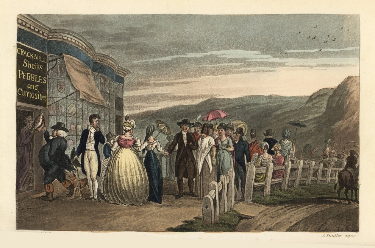 The Promenade: fasjonable turister som rusler utenfor Cracknill Shells, Pebbles and Curiosities Shop. Håndfarget kobberstikk av Thomas Rowlandson, akvatint av J.C. Stadler, etter en skisse av J. Green fra Poetical Sketches of Scarborough, Acker av Thomas Rowlandson