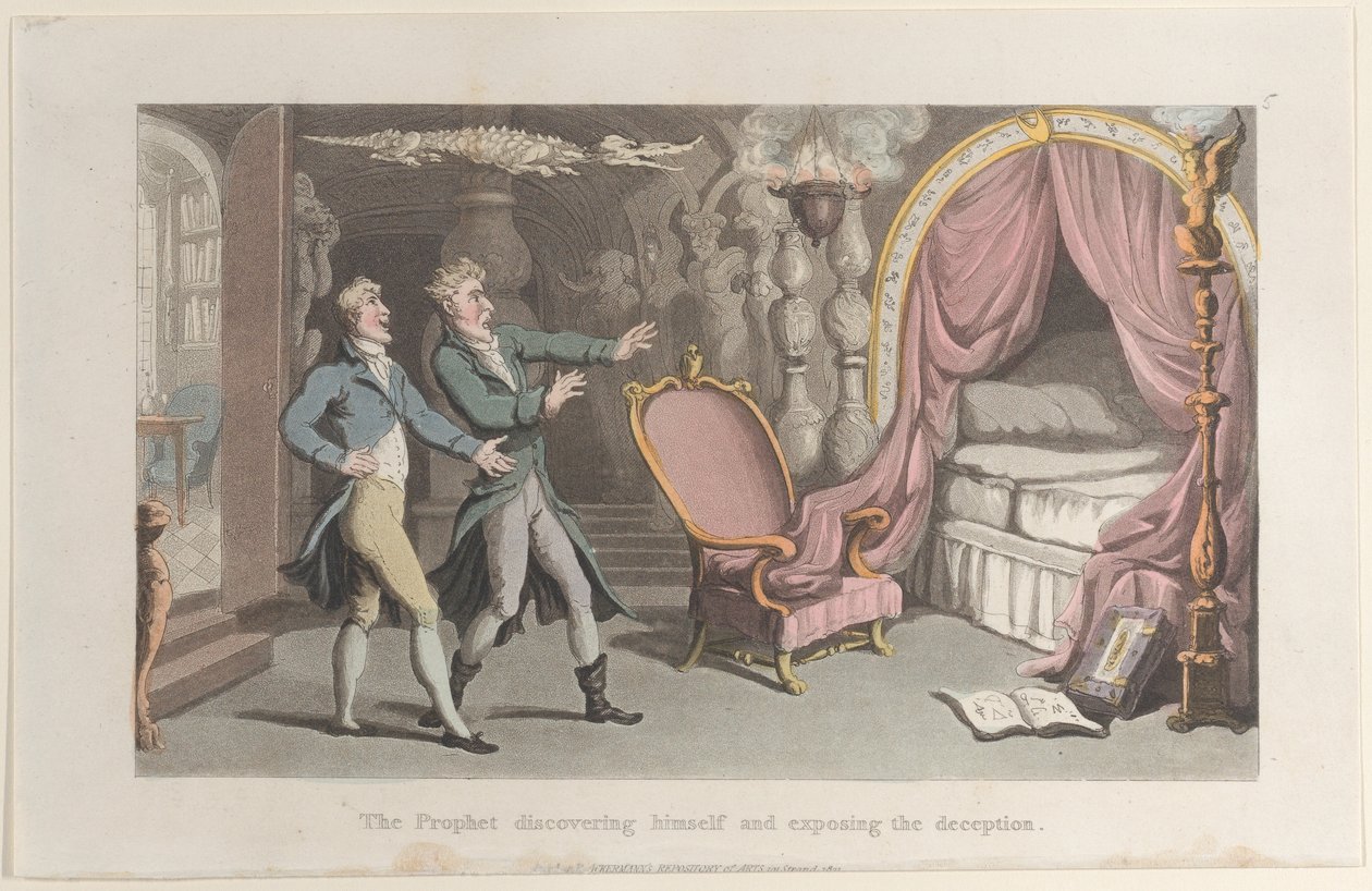 Profeten oppdager seg selv og avslører bedraget, fra Journal of Sentimental T..., 1821. av Thomas Rowlandson