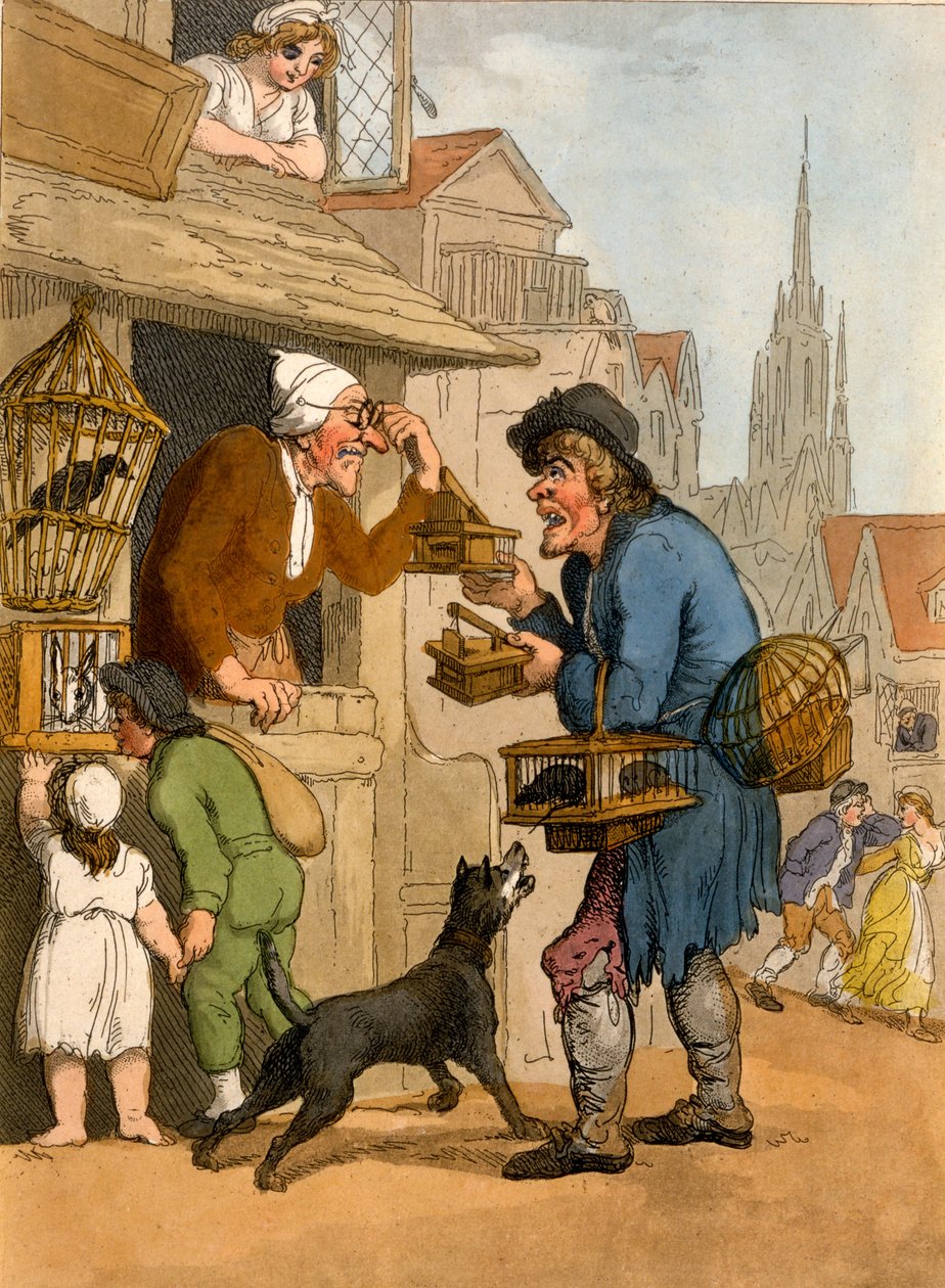 The Rat Trap Seller fra Cries of London, 1799 (håndfarget akvatint) av Thomas Rowlandson
