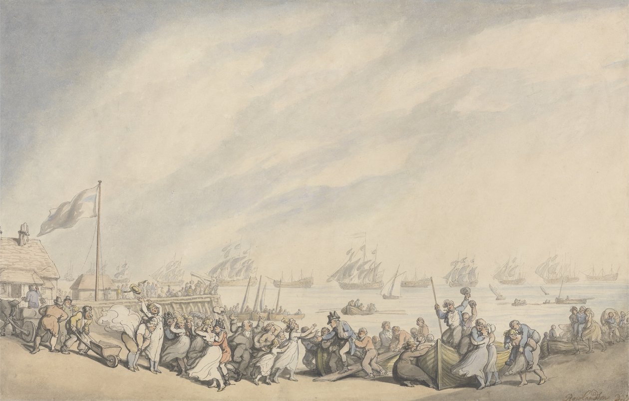 The Return of the Fleet til Great Yarmouth etter nederlendernes nederlag i 1797, ca. 1797 (penn og blekk og akvarell på papir) av Thomas Rowlandson