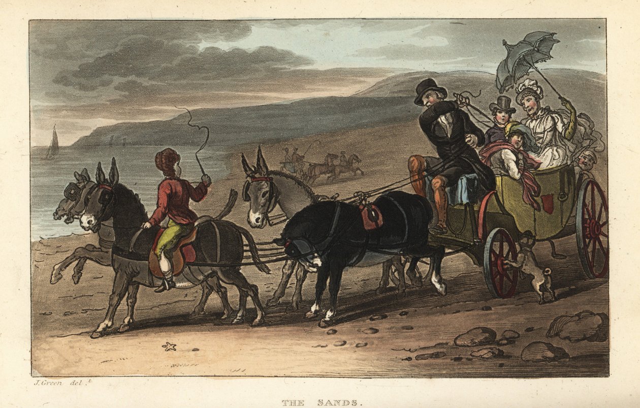 The Sands: turister i en barouche tegnet av esler på stranden. Håndfarget kobberstikk av Thomas Rowlandson etter en skisse av J. Green fra Poetical Sketches of Scarborough, Ackermann, London av Thomas Rowlandson