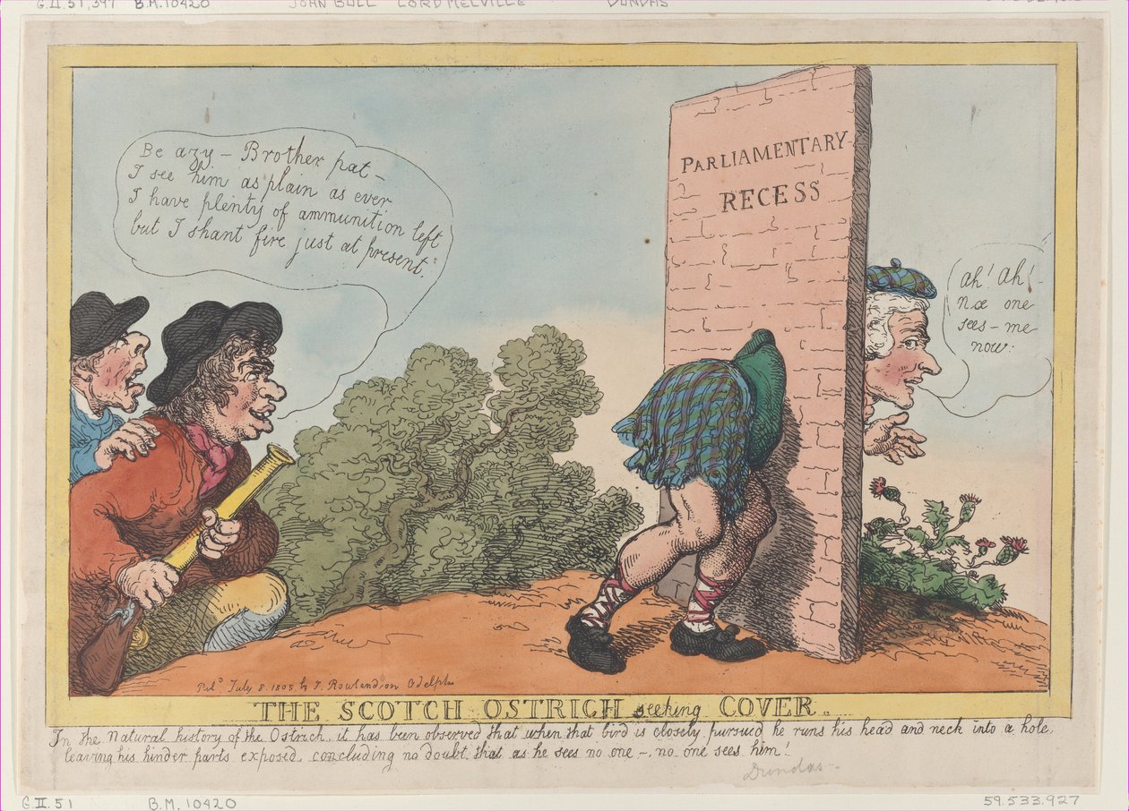 The Scotch Ostrich Seeking Cover, 8. juli 1805., 8. juli 1805. av Thomas Rowlandson