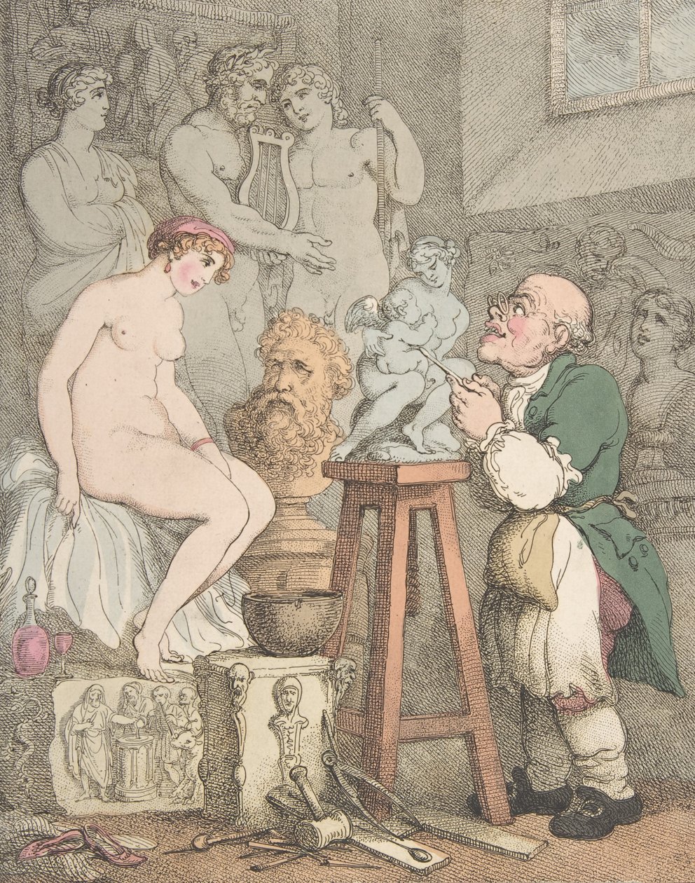 Billedhuggeren [Forberedelser til akademiet, Gamle Joseph Nollekens og hans Venus], ca. 1800., ca. 1800 av Thomas Rowlandson