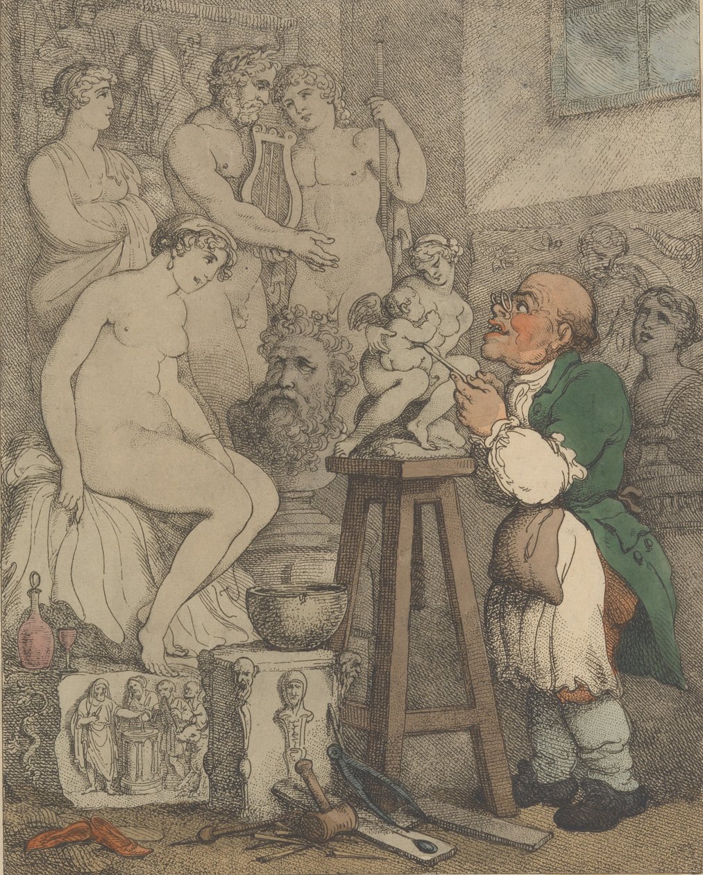 Billedhuggeren [Forberedelser til akademiet, Gamle Joseph Nollekens og hans Venus], ca. 1800., ca. 1800 av Thomas Rowlandson