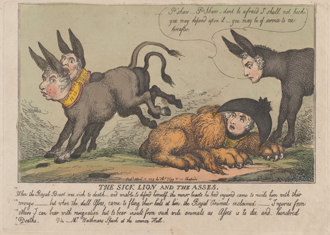 Den syke løven og asene, 18. april 1809., 18. april 1809. av Thomas Rowlandson