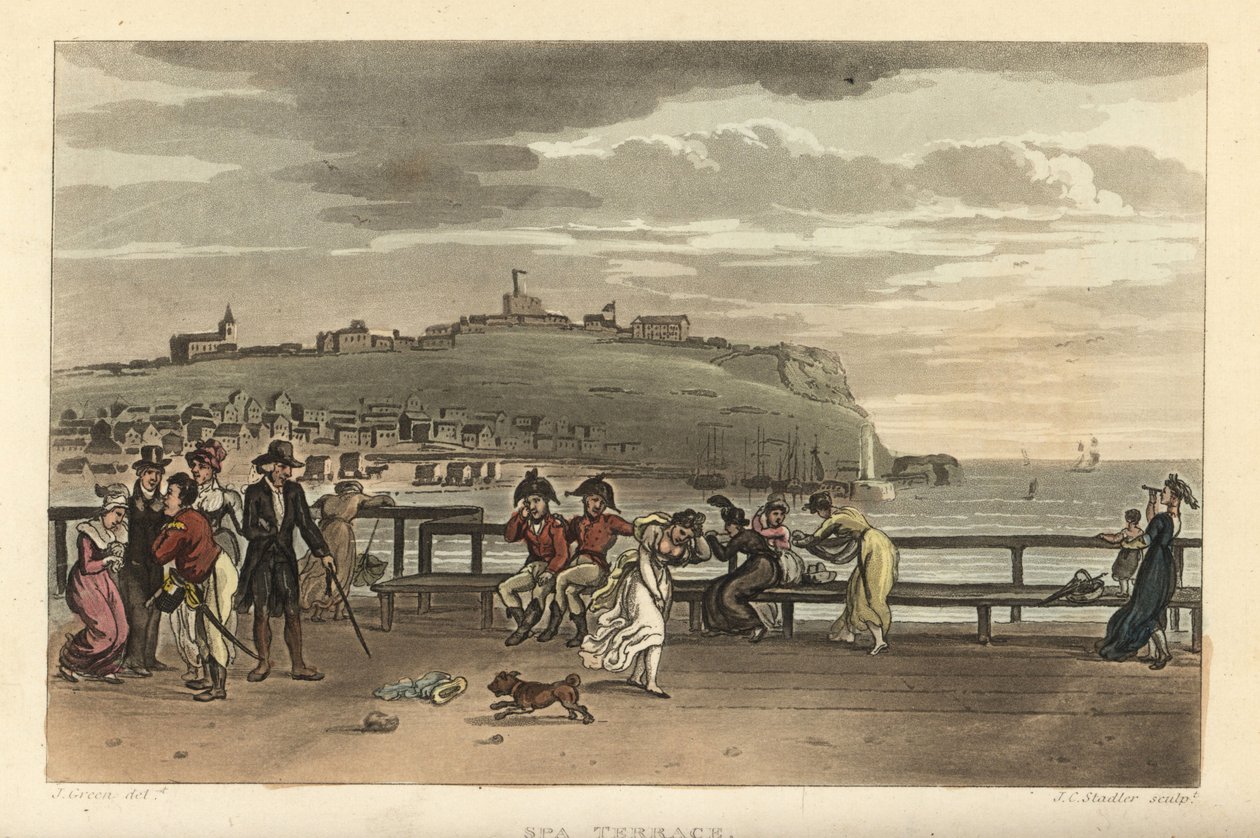 The Spa Terrace: turister som tar en spasertur på en vindfull dag på Cliff Terrace. Håndfarget kobberstikk av Thomas Rowlandson, akvatint av J. C. Stadler, etter en skisse av J. Green fra Poetical Sketches of Scarborough, Ackermann, London av Thomas Rowlandson