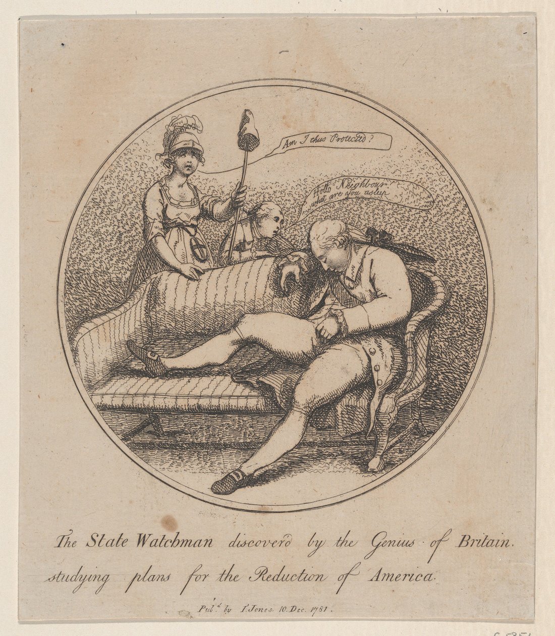 The State Watchman Discovered by the Genius of Britain studerer planer for..., 10. desember 1781. av Thomas Rowlandson