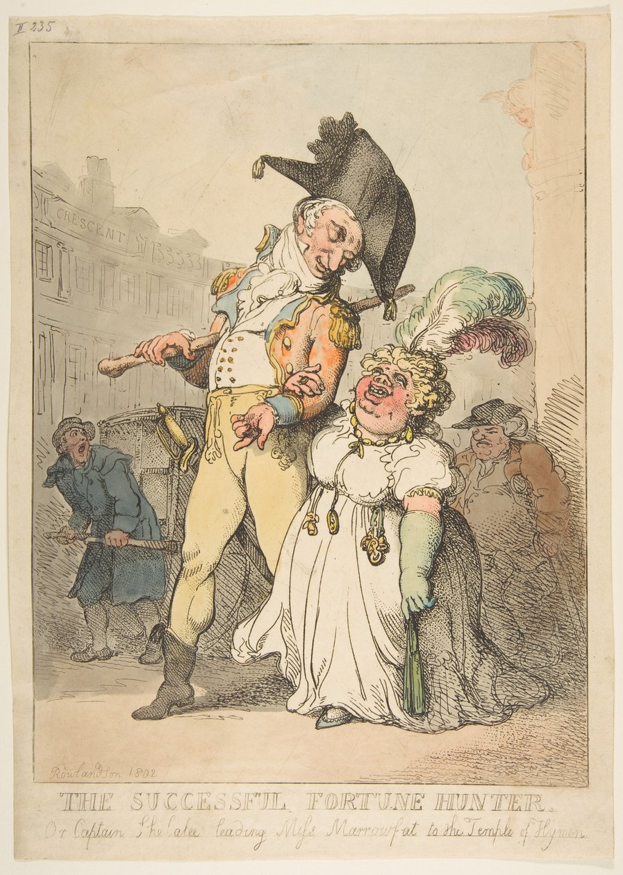 Den vellykkede lykkejegeren, eller kaptein Shelalee som leder frøken Marrowfat til tempelet til..., 1802. av Thomas Rowlandson