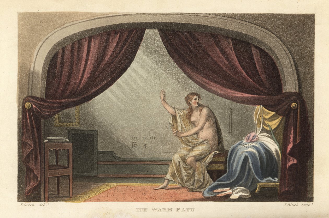 The Warm Bath: naken kvinne som tar et bad bak gardiner i et Regency-rom. Sagt å være et portrett av Mary Robinson, elskerinnen til kong George IV. Håndfarget kobberstikk av Thomas Rowlandson, akvatint av J. Bluck, etter en skisse av J. Green fra P av Thomas Rowlandson