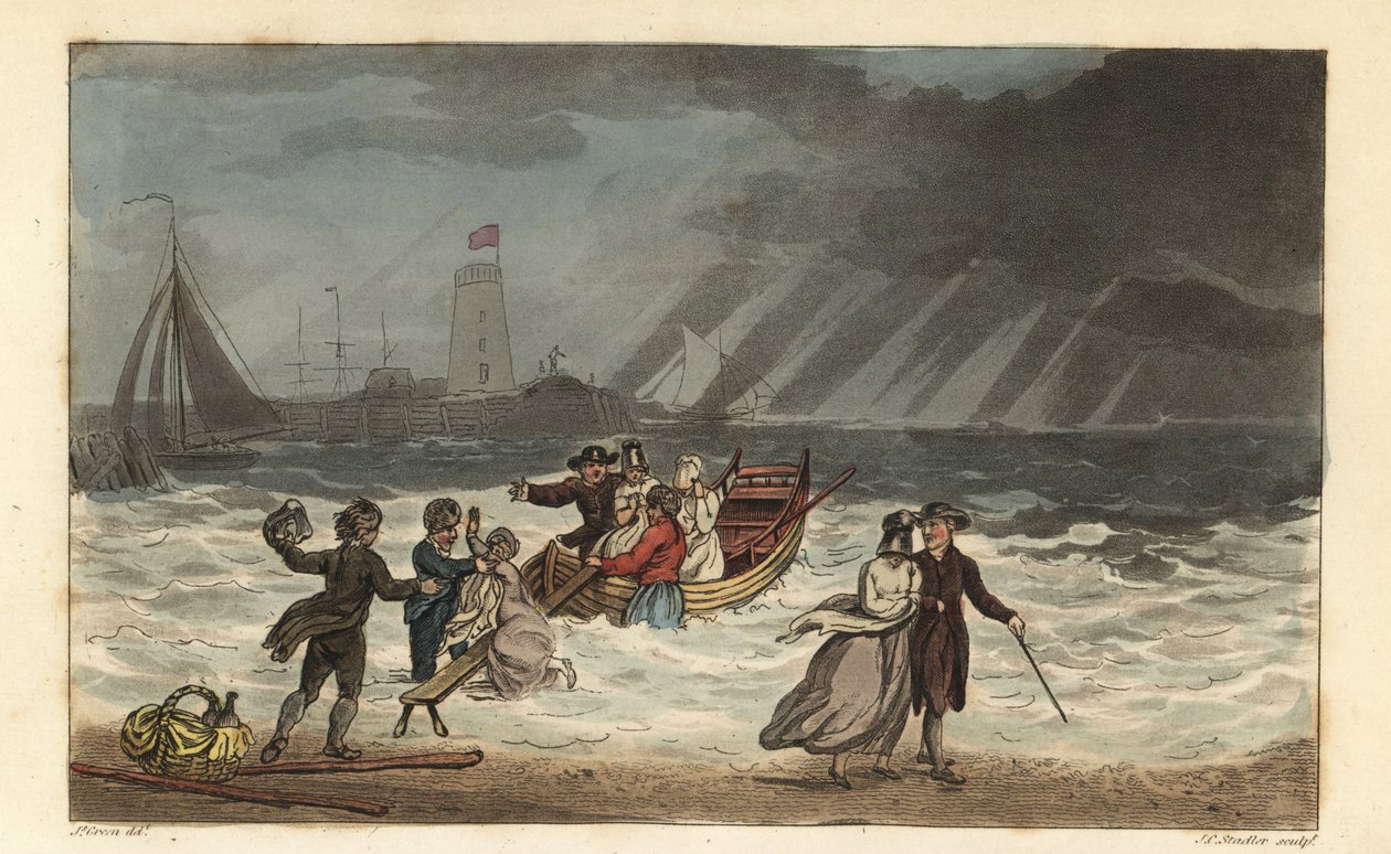 The Water Party: turister forlater en sjøreise på grunn av dårlig vær. Håndfarget kobberstikk av Thomas Rowlandson, akvatint av J.C. Stadler, etter en skisse av J. Green fra Poetical Sketches of Scarborough, Ackermann, London av Thomas Rowlandson