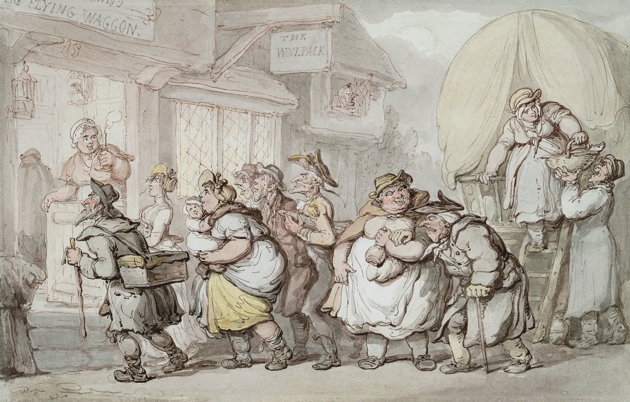 The Woolpack Inn: Ankomst av "The Flying Waggon", av Thomas Rowlandson