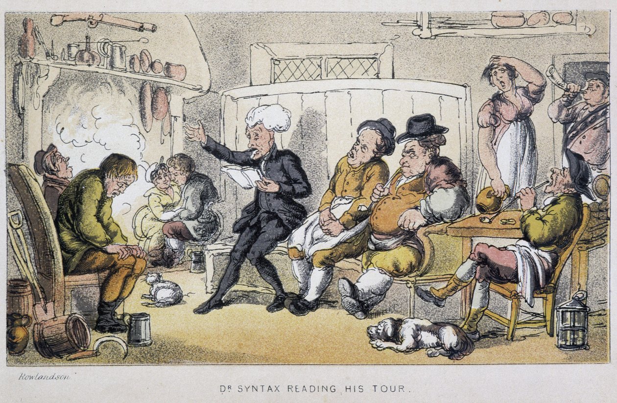 Legen leser i kjølvannet - i "" Doctor Syntax sine tre turer: på jakt etter den pittoreske trøsten og en kone"" av William Combe, syk. Rowlandson av Thomas Rowlandson