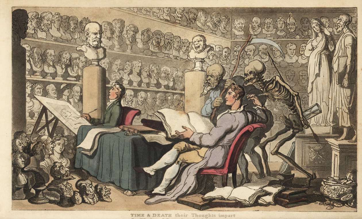 Figurene av Tid med ljå og Døden med spyd og timeglass står bak en kunstner med en fjærpenntegning i et atelier fylt med klassiske byster og skulpturer. Håndfarget kobberplate tegnet og gravert av Thomas Rowlandson fra The Eng av Thomas Rowlandson