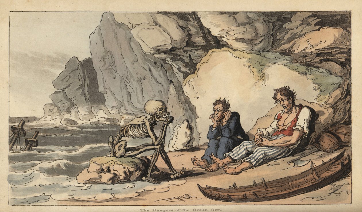 Skjelettfiguren Døden sitter på en strand med to skipbrudne sjømenn. Håndfarget kobberplate tegnet og gravert av Thomas Rowlandson fra The English Dance of Death, Ackermann, London av Thomas Rowlandson