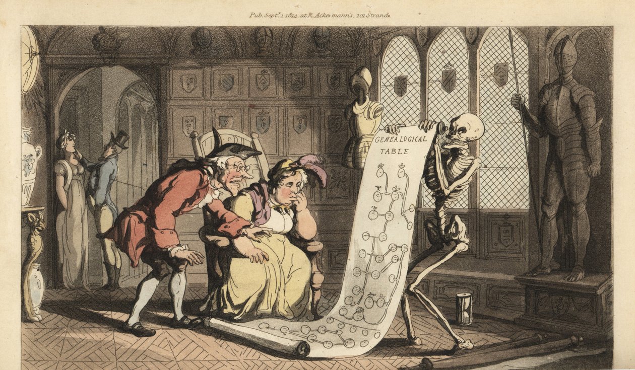 Skjelettet Døden med timeglasset viser en genealogisk tabell til to eldre aristokratiske geneologer i et rom med heraldiske skjold og rustninger. Håndfarget kobberplate tegnet og gravert av Thomas Rowlandson fra The English Dance of Death, av Thomas Rowlandson