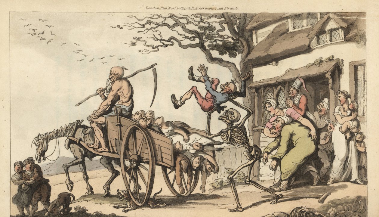 Skjelettet av Døden og den gamle tiden er inne for å ta Goody Bartons gamle mann, men vognen er allerede for full av lik. Håndfarget kobberplate tegnet og gravert av Thomas Rowlandson fra The English Dance of Death, Ackermann, London av Thomas Rowlandson