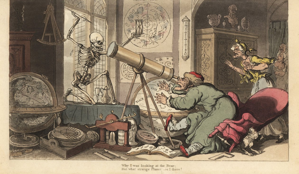 Dødens skjelett dukker opp foran teleskopet til den gamle astronomen, og får ham til å falle ut av stolen. Håndfarget kobberplate tegnet og gravert av Thomas Rowlandson fra The English Dance of Death, Ackermann, London av Thomas Rowlandson