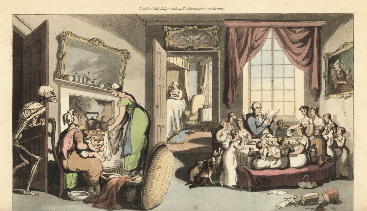 Dødens skjelett dukker opp i stuen til en stor familie for å ta et barn eller nyfødt baby. Håndfarget kobberplate tegnet og gravert av Thomas Rowlandson fra The English Dance of Death, Ackermann, London av Thomas Rowlandson