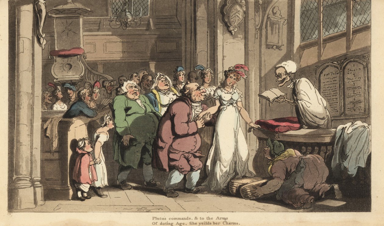 Skjelettet til Døden som prest som feirer bryllupet mellom en ung kvinne og en stygg gammel mann. Håndfarget kobberplate tegnet og gravert av Thomas Rowlandson fra The English Dance of Death, Ackermann, London av Thomas Rowlandson
