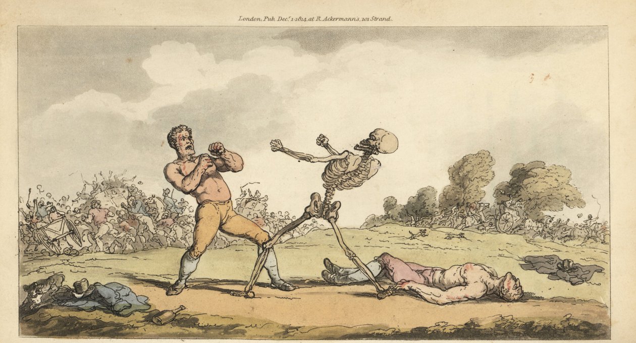 Skjelettet av Døden bokser med en bareknuckle premiejager mens en annen bokser ligger på bakken og mengden flykter i redsel. Håndfarget kobberplate tegnet og gravert av Thomas Rowlandson fra The English Dance of Death, Ackermann, London av Thomas Rowlandson