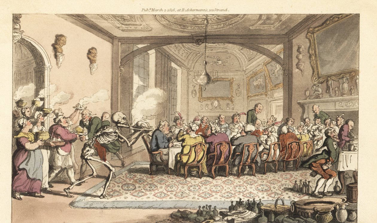Dødens skjelett bringer en fatal delikat rett til en fråtsende fest i en storslått hall. Håndfarget kobberplate tegnet og gravert av Thomas Rowlandson fra The English Dance of Death, Ackermann, London av Thomas Rowlandson