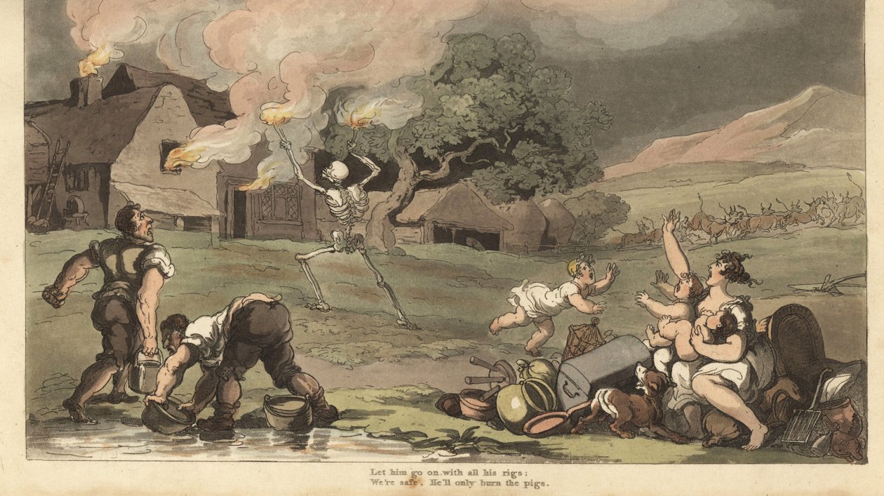 Dødens skjelett brenner ned et hus med fakler mens en familie prøver å redde skattene og slukke brannen med bøtter med vann fra dammen. Håndfarget kobberplate tegnet og gravert av Thomas Rowlandson fra The English Dance of Death, Ackerm av Thomas Rowlandson