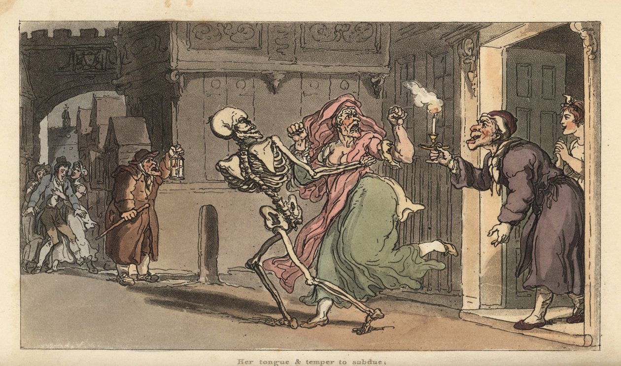 Dødens skjelett bærer av en Virago fra et hus mens en nattevakt med lykt ser på. Håndfarget kobberplate tegnet og gravert av Thomas Rowlandson fra The English Dance of Death, Ackermann, London av Thomas Rowlandson