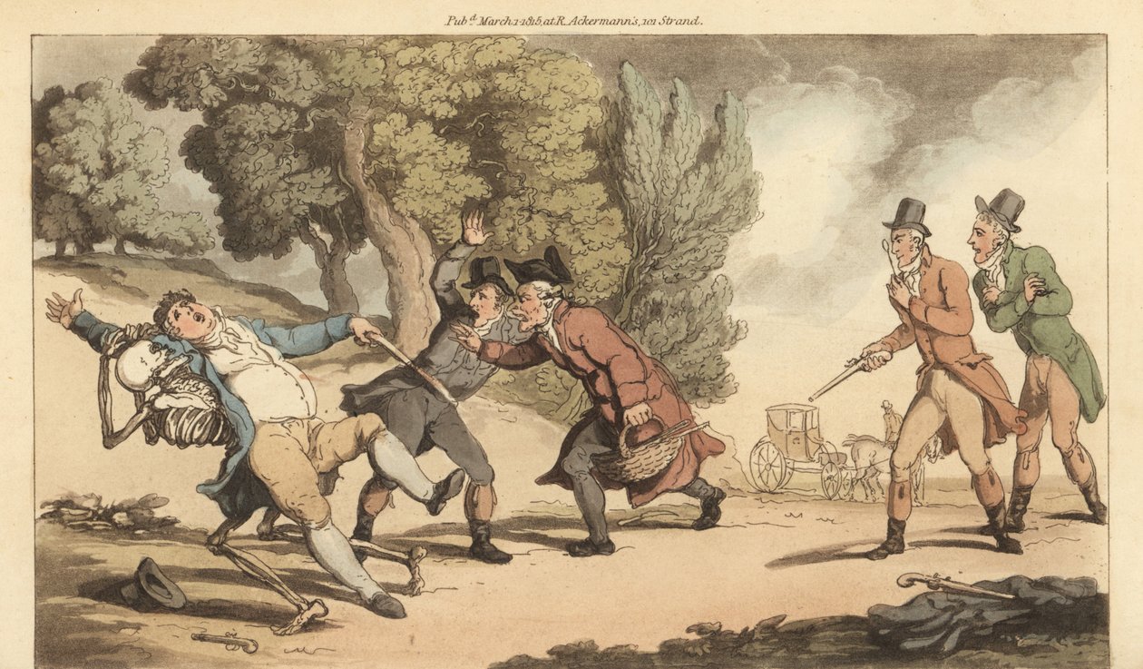 Dødens skjelett bærer av en såret mann før legen kan vente på ham etter en dødelig duell med pistoler i en park. Håndfarget kobberplate tegnet og gravert av Thomas Rowlandson fra The English Dance of Death, Ackermann, London av Thomas Rowlandson