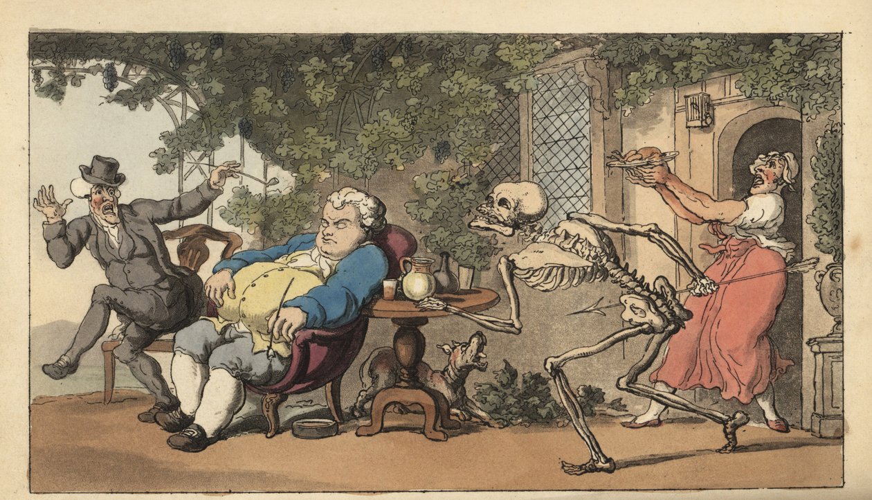 Skjelettet til Døden kommer for Tom Higgins, en murergutt som har gått ut på dato og venter på en rett utenfor et vertshus. Håndfarget kobberplate tegnet og gravert av Thomas Rowlandson fra The English Dance of Death, Ackermann, London av Thomas Rowlandson