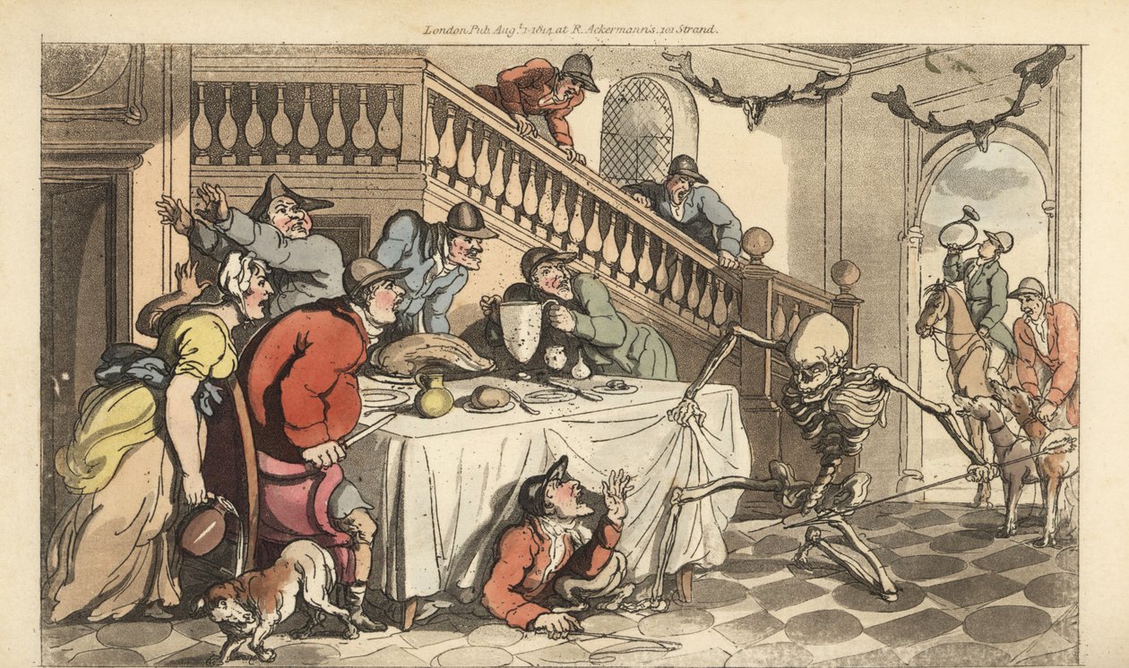 Dødens skjelett kommer etter en jeger mens han gjemmer seg under et bord etter en revejakt. Håndfarget kobberplate tegnet og gravert av Thomas Rowlandson fra The English Dance of Death, Ackermann, London av Thomas Rowlandson