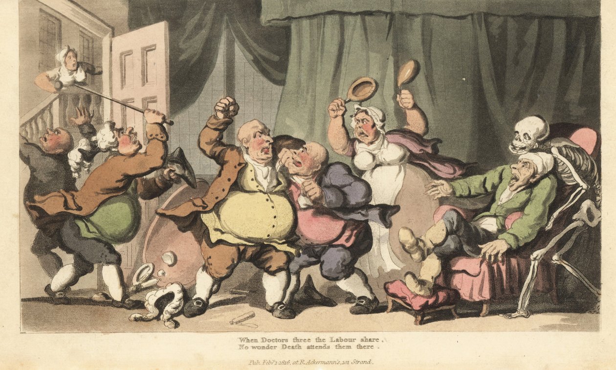 Dødens skjelett kommer etter en syk mann mens tre kvakksalvere kjemper, og en hushjelp angriper dem med sengetøy i Kammerkrigen. Håndfarget kobberplate tegnet og gravert av Thomas Rowlandson fra The English Dance of Death, Ackermann, London av Thomas Rowlandson